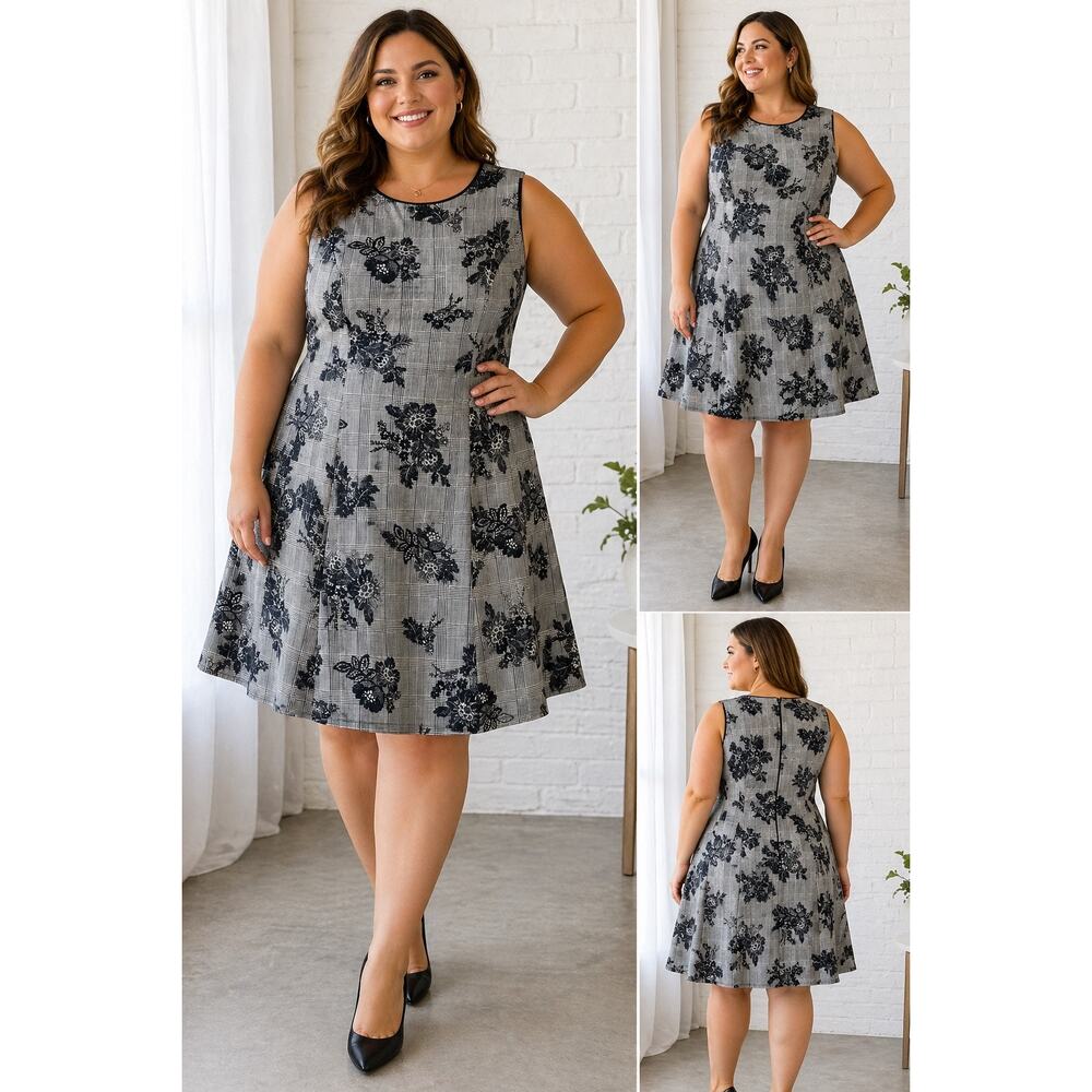 Sabrina Blue 3X Sleeveless Fit & Flare Dress Plaid Floral Navy Gray Knee Length